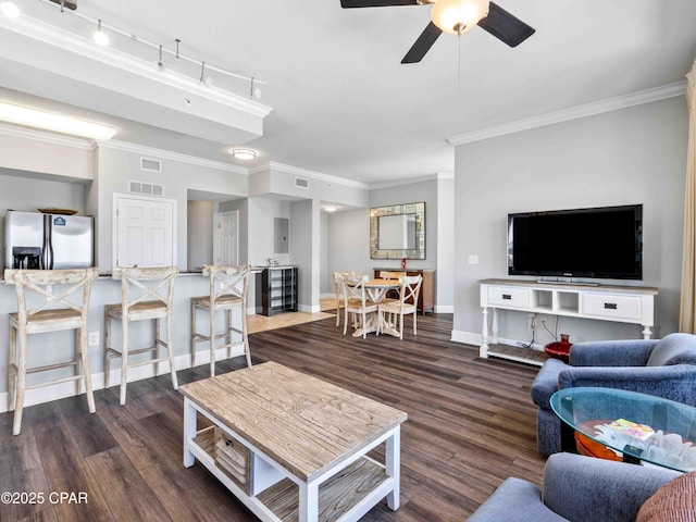16819 Front Beach Rd Unit 2800, Panama City Beach, FL 32413 - living room with a ceiling fan, crown molding, baseboards, and wood finished floors