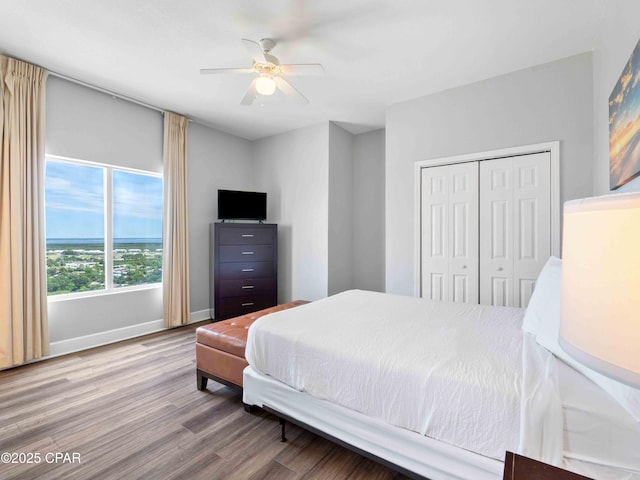 16819 Front Beach Rd Unit 2800, Panama City Beach, FL 32413 - bedroom with wood finished floors, a closet, baseboards, and a ceiling fan