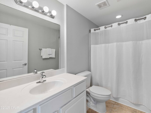16819 Front Beach Rd Unit 2800, Panama City Beach, FL 32413 - bathroom with vanity, toilet, tile patterned flooring, and shower / tub combo with curtain