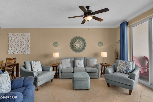 10519 Front Beach Rd Unit 601A, Panama City Beach, FL 32407 - living area featuring a textured ceiling, crown molding, a ceiling fan, and light tile patterned floors