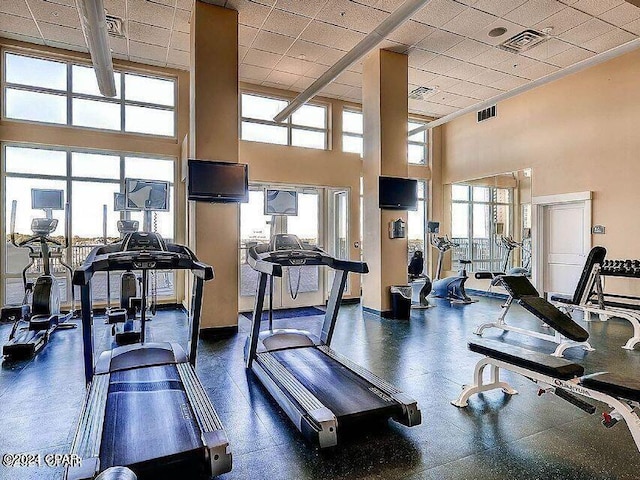 11800 Front Beach Rd Unit 2-201, Panama City Beach, FL 32407 - workout area featuring plenty of natural light, a towering ceiling, and a paneled ceiling