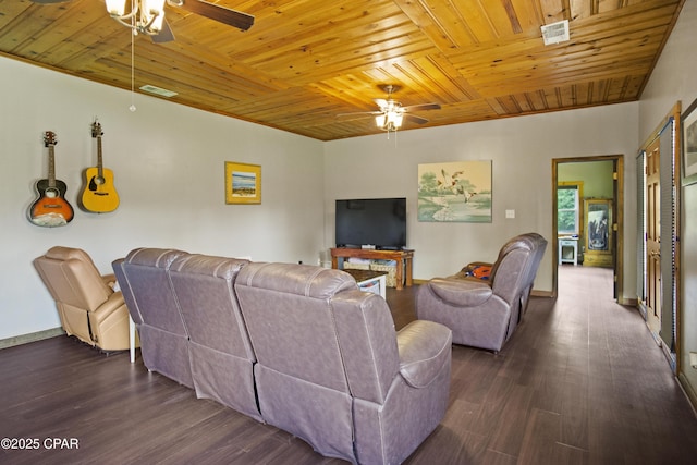 133 Devane Rd, Chattahoochee, FL 32324 - living room featuring a ceiling fan, wood ceiling, dark wood-style flooring, and baseboards