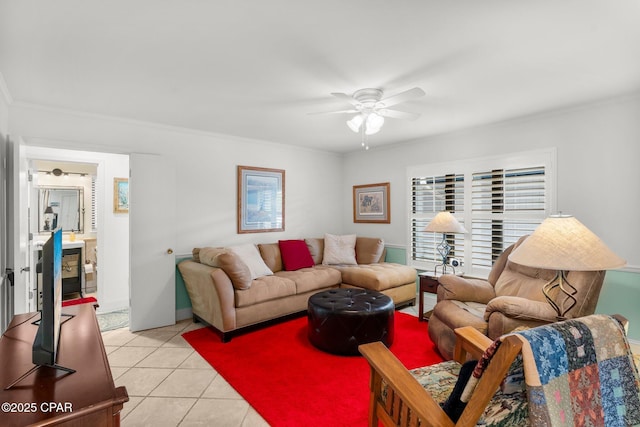1110 Redfish Cir, Panama City, FL 32408 - living area featuring ceiling fan, light tile patterned flooring, and ornamental molding