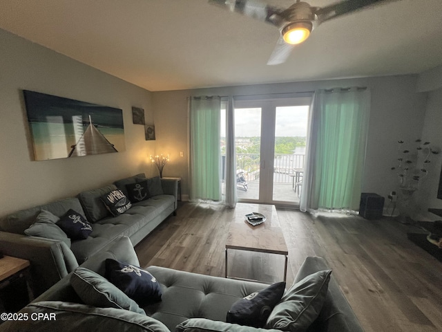 9902 S Thomas Dr Unit 636, Panama City Beach, FL 32408 - living area with wood finished floors and ceiling fan