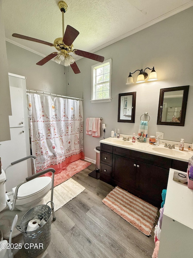 5382 10th St, Malone, FL 32445 - full bathroom featuring ornamental molding, wood finished floors, a ceiling fan, double vanity, and curtained shower