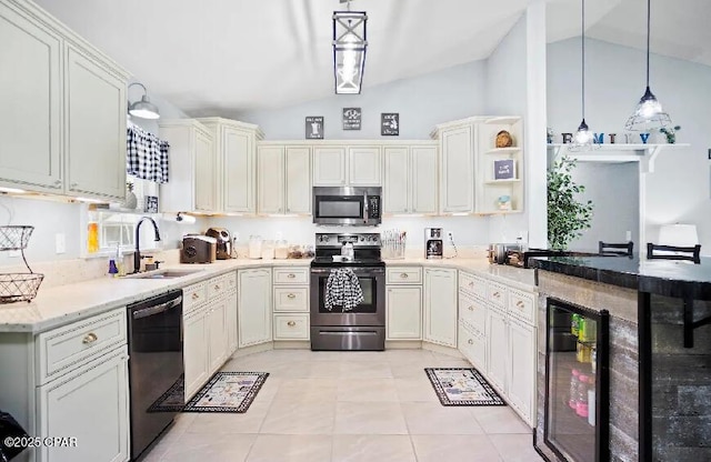 21382 NW Paradise Ln, Altha, FL 32421 - kitchen with stainless steel appliances, a sink, wine cooler, open shelves, and light tile patterned floors