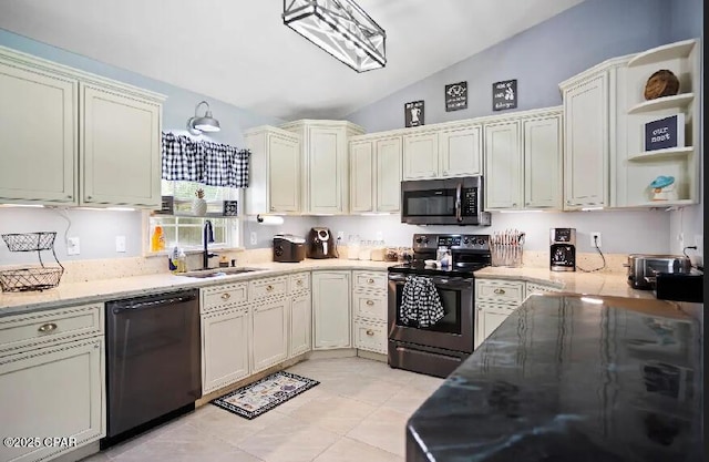 21382 NW Paradise Ln, Altha, FL 32421 - kitchen featuring stainless steel appliances, a sink, lofted ceiling, open shelves, and light stone countertops