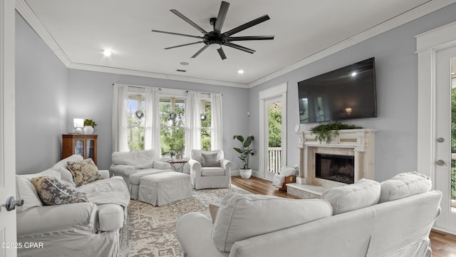 24197 NW Pine Tree Trl, Fountain, FL 32438 - living area with wood finished floors, ornamental molding, a ceiling fan, a high end fireplace, and recessed lighting