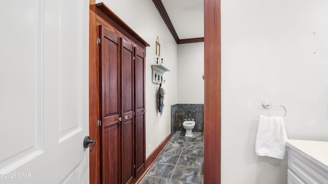 24197 NW Pine Tree Trl, Fountain, FL 32438 - bathroom with crown molding, vanity, and a bidet