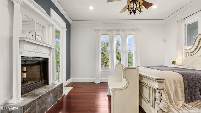 24197 NW Pine Tree Trl, Fountain, FL 32438 - bedroom featuring crown molding, wood-type flooring, multiple windows, recessed lighting, and ceiling fan