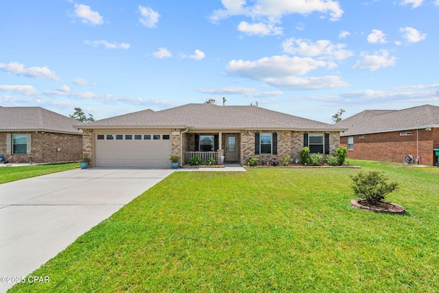 4304 Bylsma Cir, Panama City, FL 32404 - ranch-style house featuring driveway, an attached garage, brick siding, a front yard, and roof with shingles