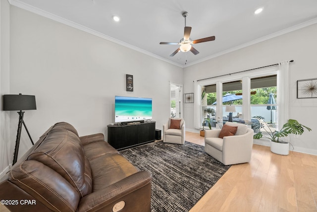 2012 Frankford Point Rd, Panama City, FL 32405 - living room with baseboards, a ceiling fan, wood finished floors, crown molding, and recessed lighting