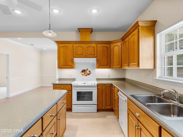 1406 New Jersey Ave, Lynn Haven, FL 32444 - kitchen with white range with electric cooktop, a sink, dishwasher, extractor fan, and light tile patterned floors