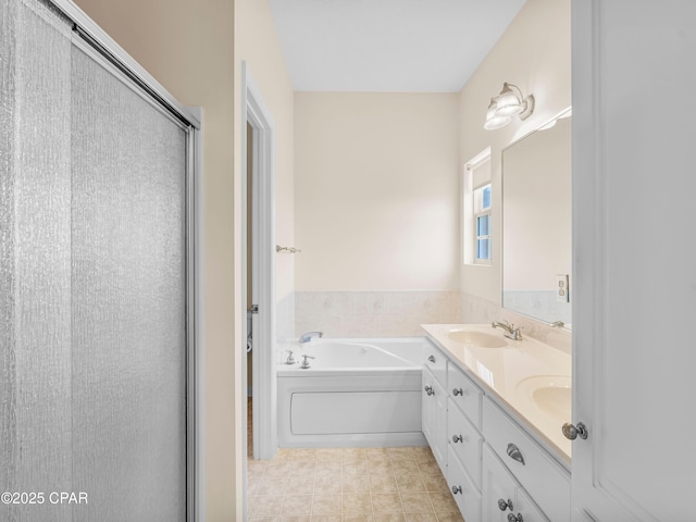 1406 New Jersey Ave, Lynn Haven, FL 32444 - bathroom featuring double vanity, a stall shower, a bath, and tile patterned flooring