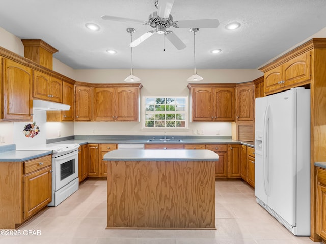 1406 New Jersey Ave, Lynn Haven, FL 32444 - kitchen featuring white appliances, a sink, a ceiling fan, under cabinet range hood, and light tile patterned flooring