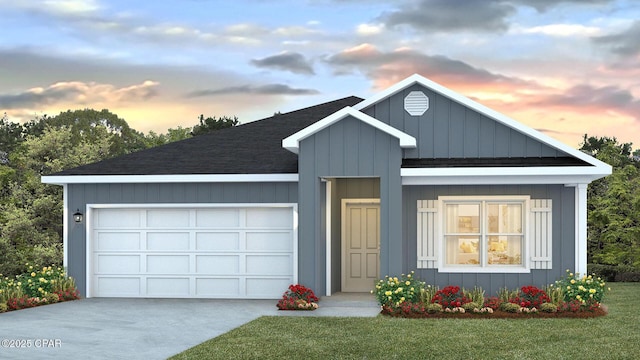 4132 Concord Blvd, Chipley, FL 32428 - view of front of property featuring board and batten siding, driveway, a garage, roof with shingles, and a front yard