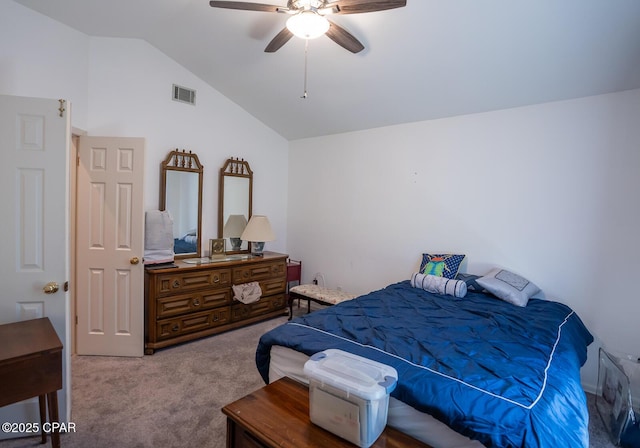 2712 Woodmere Dr, Panama City, FL 32405 - bedroom featuring carpet flooring, vaulted ceiling, and ceiling fan