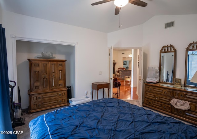 2712 Woodmere Dr, Panama City, FL 32405 - carpeted bedroom featuring vaulted ceiling and ceiling fan