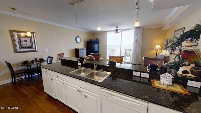 16819 Front Beach Rd Unit 903, Panama City Beach, FL 32413 - kitchen with dishwasher, a sink, open floor plan, crown molding, and dark wood-style flooring