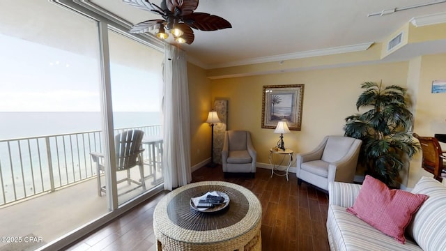 16819 Front Beach Rd Unit 903, Panama City Beach, FL 32413 - living area featuring ornamental molding, wood finished floors, a ceiling fan, a water view, and baseboards