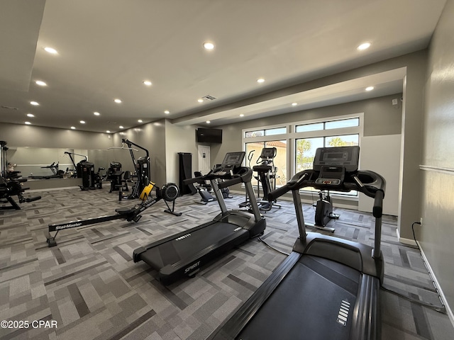 17462 Front Beach Rd Unit 11C1, Panama City Beach, FL 32413 - gym with recessed lighting, carpet floors, and baseboards