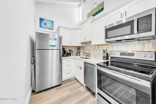 17462 Front Beach Rd Unit 11C1, Panama City Beach, FL 32413 - kitchen with appliances with stainless steel finishes, a sink, light countertops, backsplash, and white cabinets