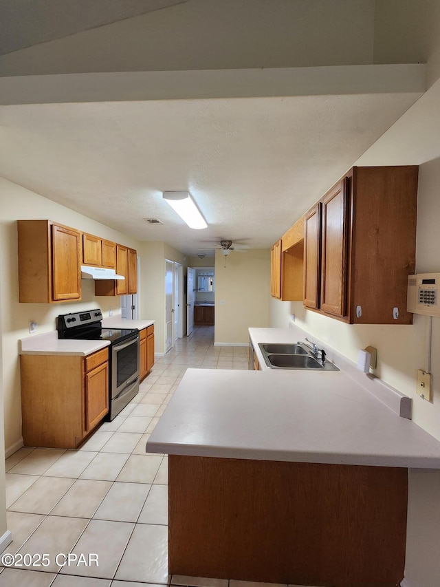5432-5434 Sunset, Panama City, FL 32408 - kitchen featuring stainless steel electric range oven, a sink, under cabinet range hood, light tile patterned flooring, and a peninsula