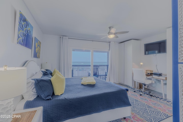 17735 Front Beach Rd Unit 2, Panama City Beach, FL 32413 - bedroom with access to exterior, a desk, and ceiling fan