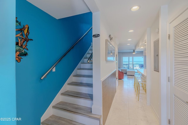 17735 Front Beach Rd Unit 2, Panama City Beach, FL 32413 - stairway with a ceiling fan, recessed lighting, electric panel, and tile patterned floors