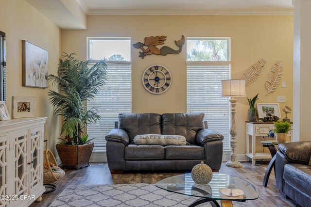 8700 Front Beach Rd Unit 8107, Panama City Beach, FL 32407 - living room with wood finished floors, ornamental molding, and baseboards