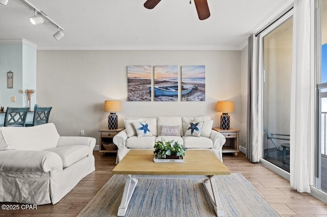 16819 Front Beach Rd Unit 2309, Panama City Beach, FL 32413 - living room with wood finished floors, a ceiling fan, rail lighting, and ornamental molding