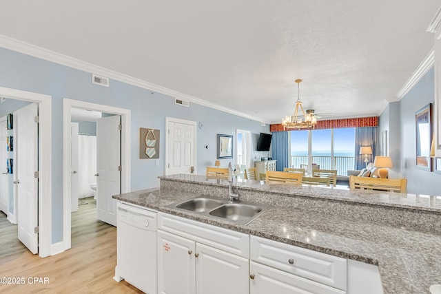 17545 Front Beach Rd Unit 2004, Panama City Beach, FL 32413 - kitchen featuring dishwasher, a sink, crown molding, light wood-style flooring, and white cabinets