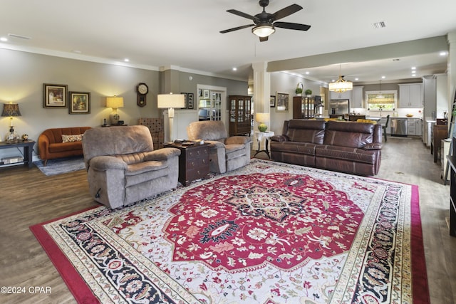 290 Rudys Blaze, Wewahitchka, FL 32465 - living area featuring wood finished floors, crown molding, ceiling fan, and recessed lighting