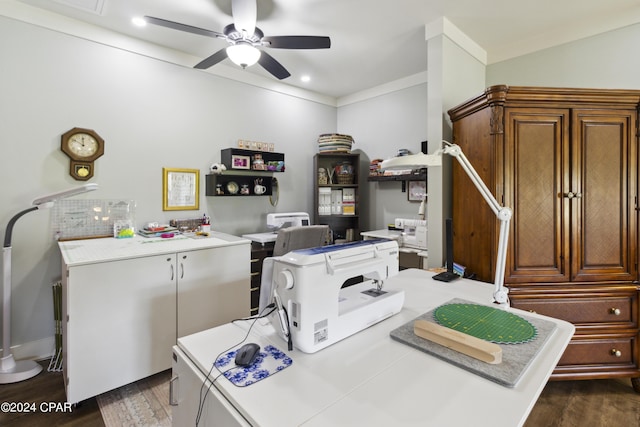 290 Rudys Blaze, Wewahitchka, FL 32465 - office featuring a ceiling fan, dark wood-type flooring, recessed lighting, and ornamental molding