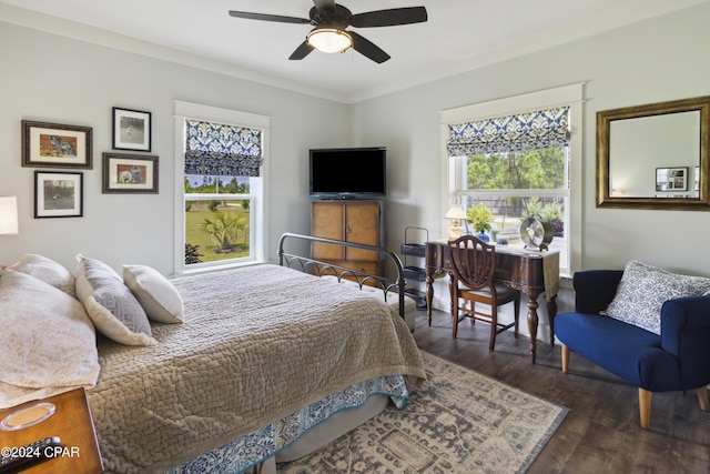 290 Rudys Blaze, Wewahitchka, FL 32465 - bedroom featuring multiple windows, dark wood-style floors, ornamental molding, and ceiling fan