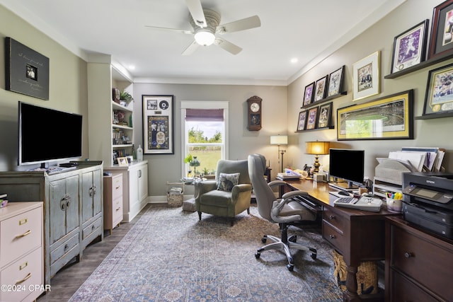 290 Rudys Blaze, Wewahitchka, FL 32465 - home office with ceiling fan, ornamental molding, and dark wood-type flooring
