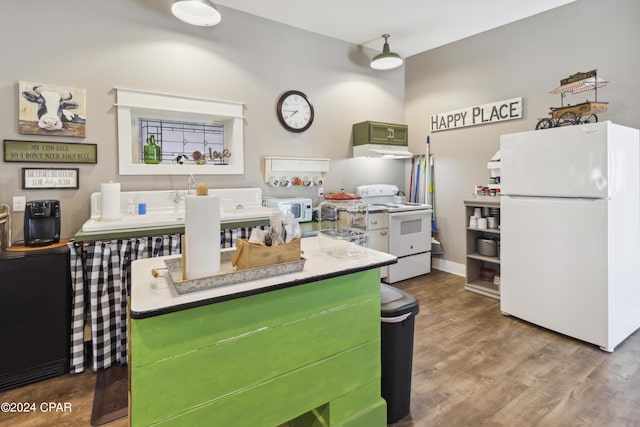 290 Rudys Blaze, Wewahitchka, FL 32465 - kitchen with white appliances, wood finished floors, and under cabinet range hood