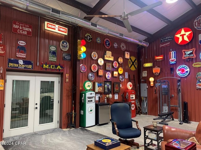 290 Rudys Blaze, Wewahitchka, FL 32465 - carpeted office featuring wooden walls, french doors, lofted ceiling, and ceiling fan