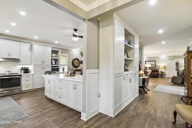 290 Rudys Blaze, Wewahitchka, FL 32465 - kitchen with open shelves, electric stove, ornamental molding, open floor plan, and under cabinet range hood