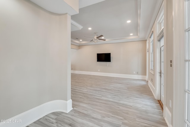 4134 Cobalt Cir Unit Ro14, Panama City Beach, FL 32408 - spare room with a ceiling fan, light wood-style floors, baseboards, recessed lighting, and a tray ceiling
