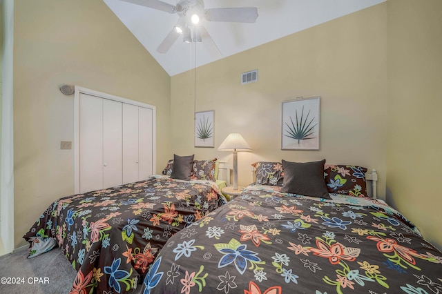 17614 Front Beach Rd Unit 17E, Panama City Beach, FL 32413 - bedroom with high vaulted ceiling, carpet, a closet, and a ceiling fan