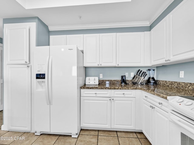 9450 S Thomas Dr Unit 1211, Panama City, FL 32408 - kitchen with white fridge with ice dispenser, stove, white cabinets, light tile patterned flooring, and crown molding