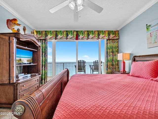 9450 S Thomas Dr Unit 1211, Panama City, FL 32408 - bedroom with crown molding, access to outside, a textured ceiling, and ceiling fan