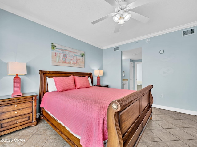 9450 S Thomas Dr Unit 1211, Panama City, FL 32408 - bedroom featuring ornamental molding, light tile patterned floors, baseboards, connected bathroom, and ceiling fan