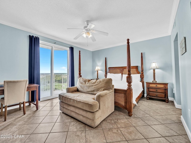 9450 S Thomas Dr Unit 1211, Panama City, FL 32408 - bedroom with access to exterior, baseboards, light tile patterned floors, ornamental molding, and a ceiling fan