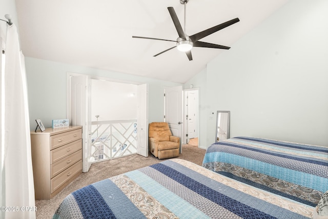 17462 Front Beach Rd, Panama City Beach, FL 32413 - bedroom featuring light carpet, vaulted ceiling, and ceiling fan