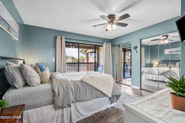17620 Front Beach Rd Unit P2, Panama City Beach, FL 32413 - bedroom with access to exterior, wood finished floors, a textured ceiling, a ceiling fan, and two closets