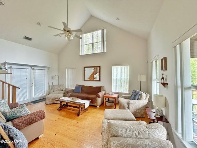 992 Hammond Lake Dr, Fountain, FL 32438 - living area with high vaulted ceiling, ceiling fan, and light wood-type flooring