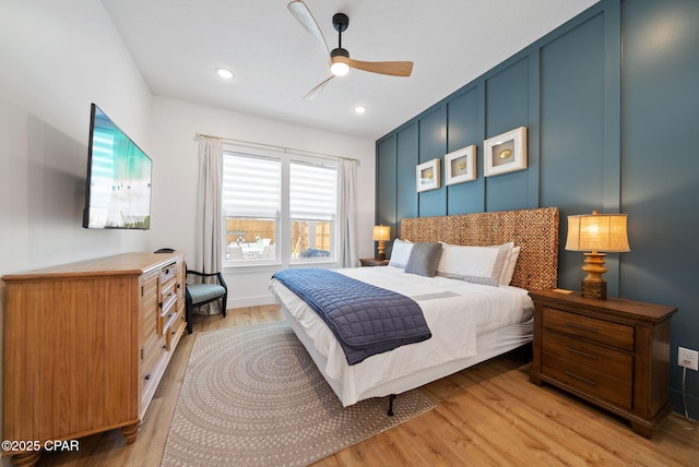 309 Tanaga St, Panama City Beach, FL 32413 - bedroom with light wood-style floors, ceiling fan, and recessed lighting