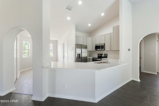 101 Loblolly Ct, Panama City Beach, FL 32413 - kitchen with stainless steel appliances, arched walkways, a sink, light countertops, and dark wood finished floors